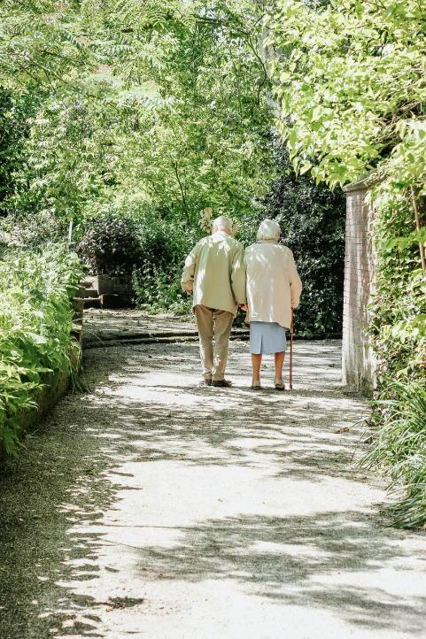 elderly couple walking under some trees